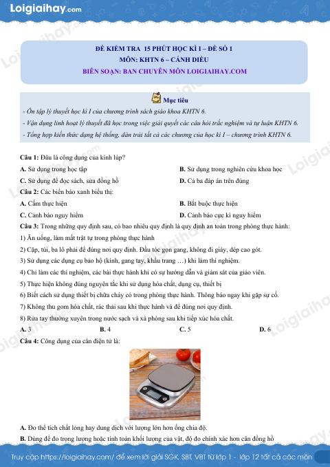 Đề kiểm tra 15 phút hk1 - đề số 1 Khoa học tự nhiên 6 có lời giải chi tiết
